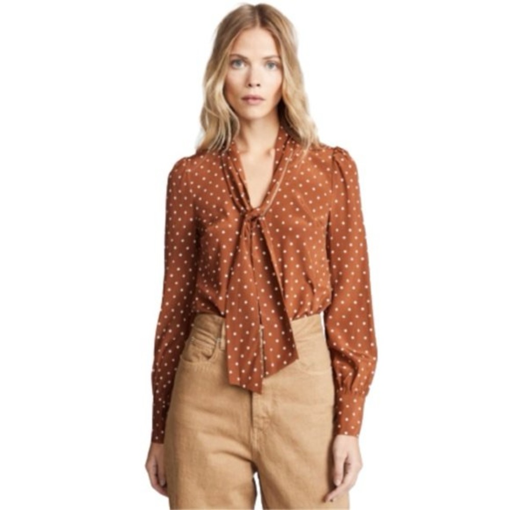 Veronica Beard • Jeffries Blouse Top Shirt Womens 2 Bronze Brown Polka Dots NWOT
